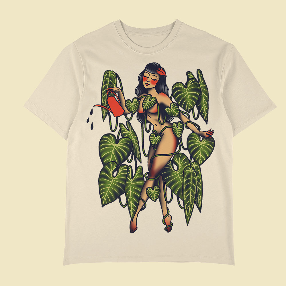 Ivory/Light T-shirt with a tattoo-style woman holding a red watering can among green leaves and vines.